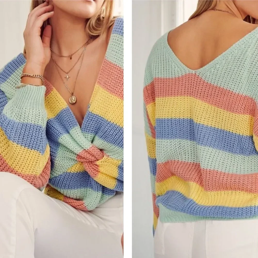 Gilli Sweater Pastel Rainbow Striped Twist Front Drop Shoulder Acrylic Size L